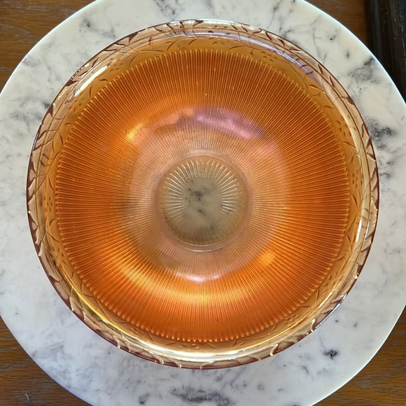 Antique 1928 Jeannette Glass Marigold Floral + Ribbed Carnival Glass Bowl - Picture 9 of 10